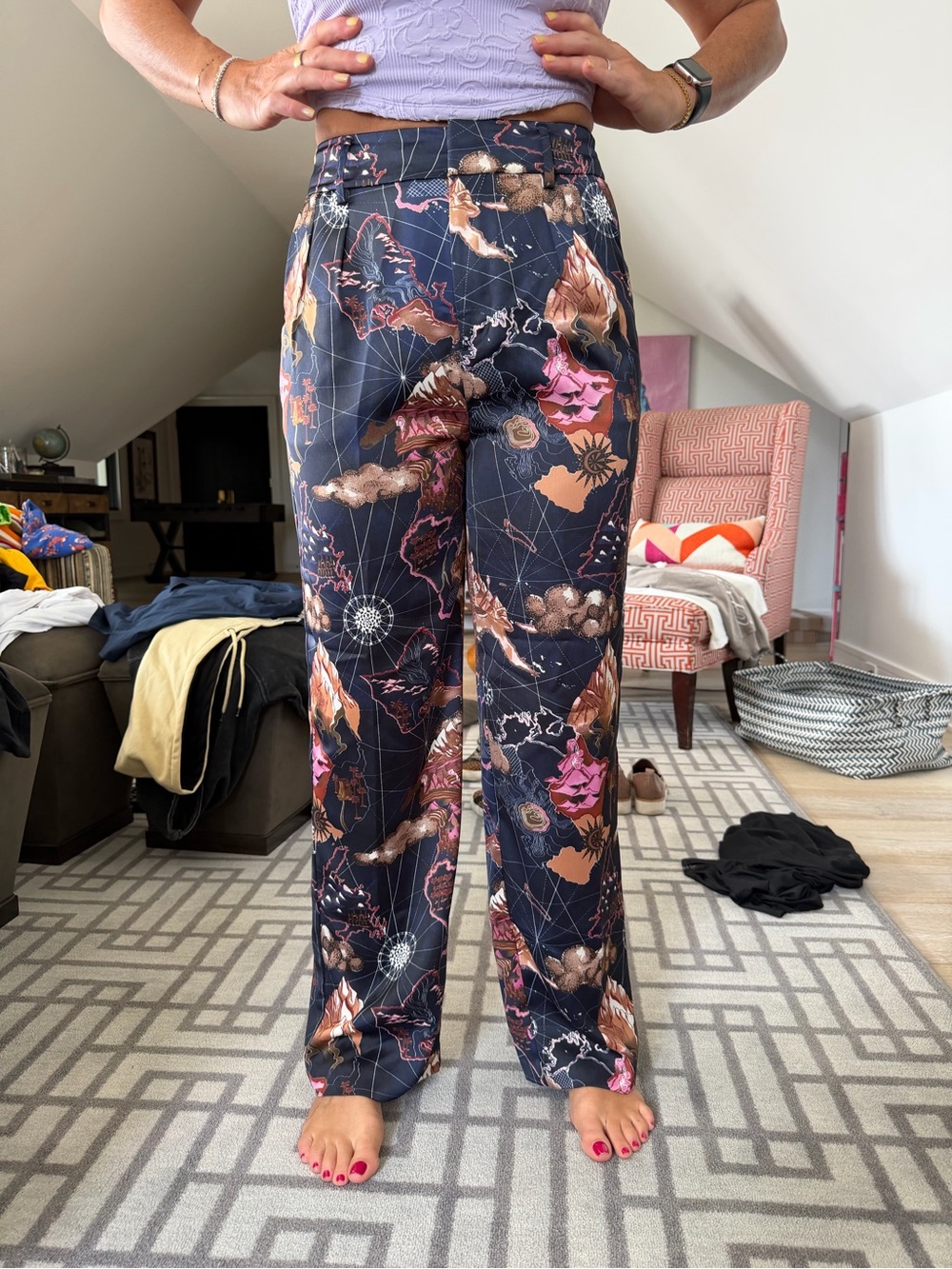 Scotch & Soda Navy Wide-Leg Pants with Pink and Brown Map Print